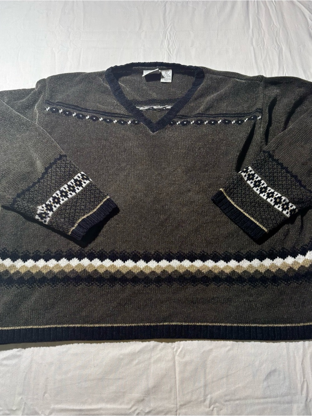 Women's V-Neck Sweater in Olive Green with Patterned Trim